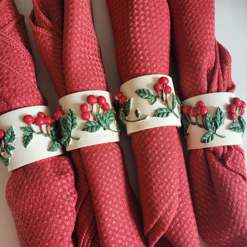 Set of 4 Red Napkins with 4 Festive Berry Napkin Rings Holders Resin